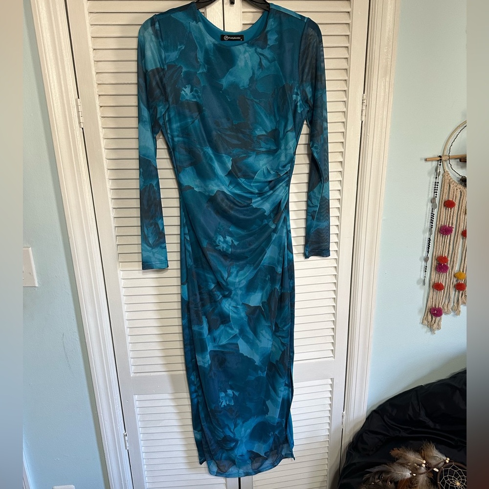 Floral Teal Long Sleeve Dress